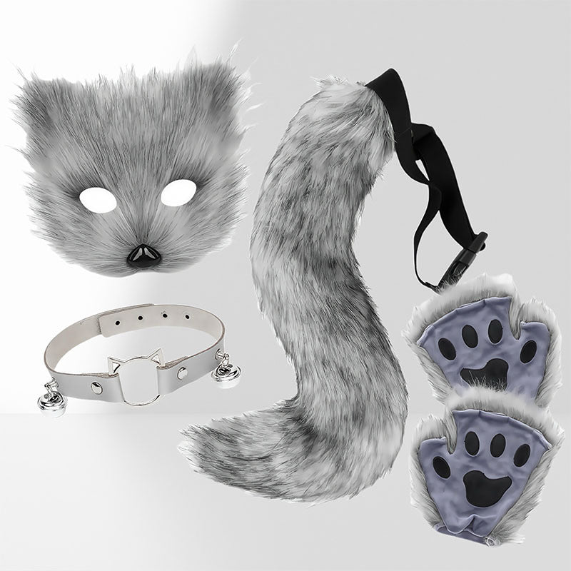 Image of Halloween set of animal claws plush gloves fox ears cos animal ears and animal tail erotic accessories female mask tail